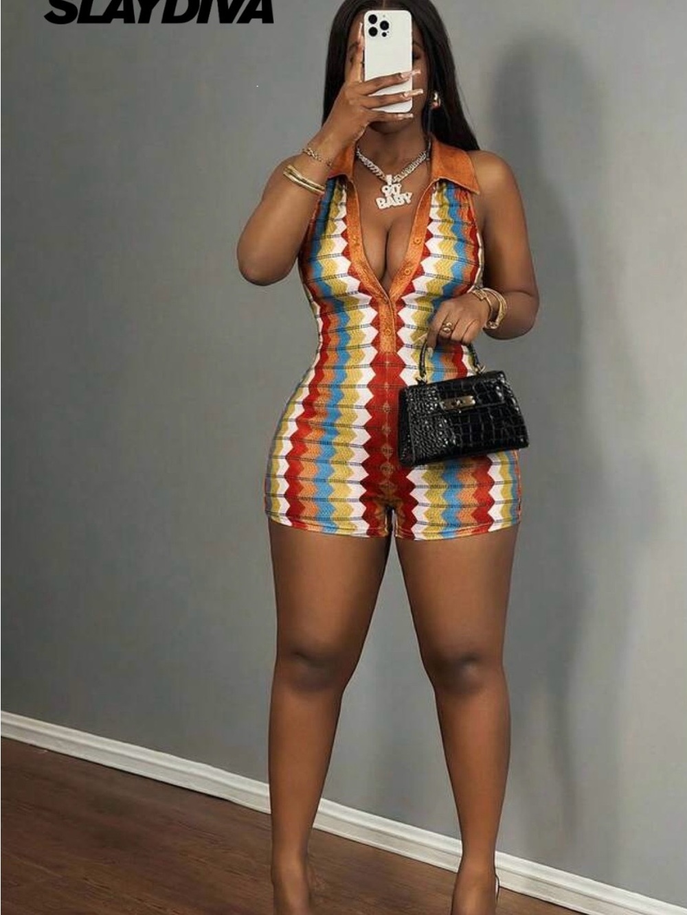Multicolor Zigzag Knit Collared Romper - Red/Blue/Yellow